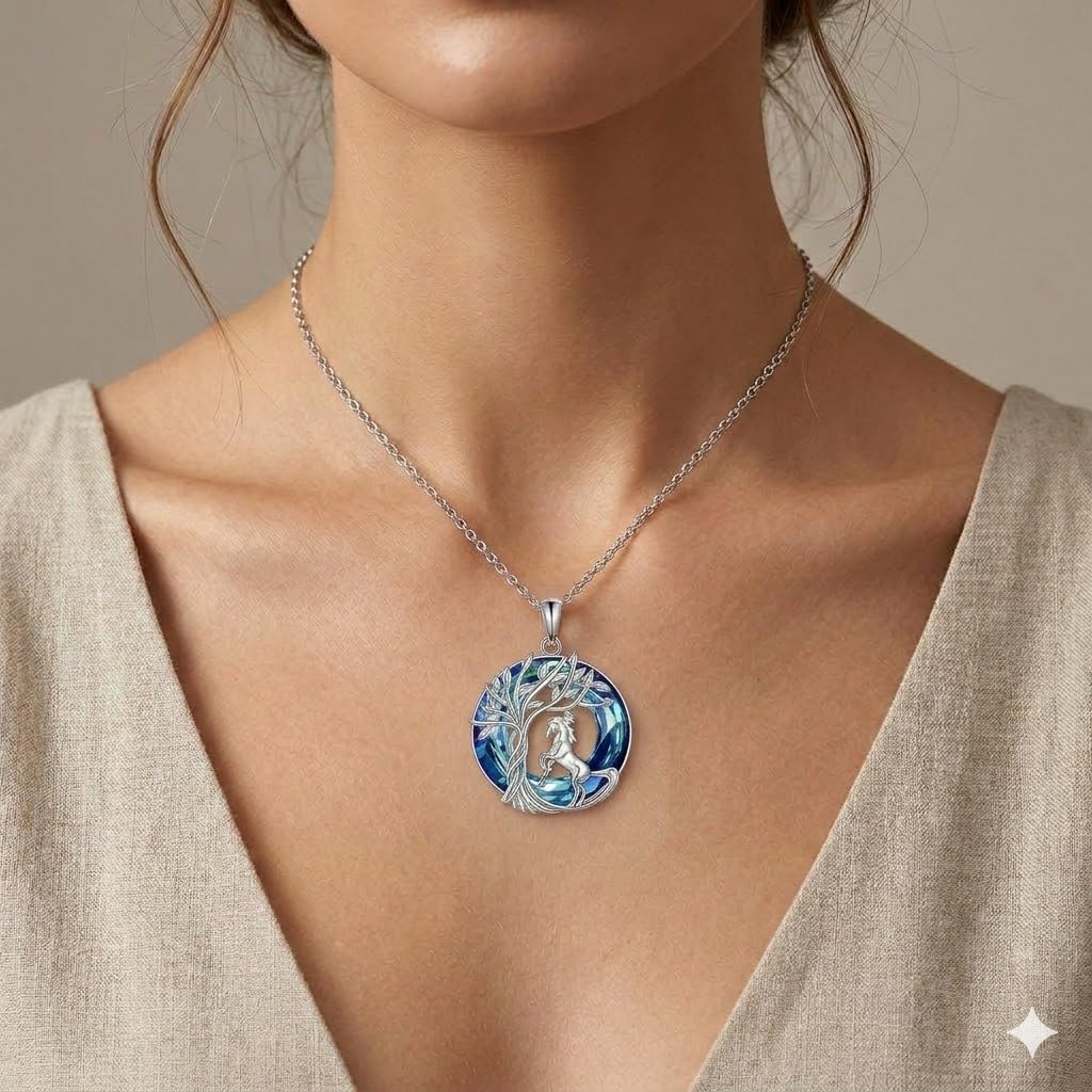 SUPAC Stainless Steel Horse Tree of Life Pendant Necklace, Blue Crystal, Women's Jewelry