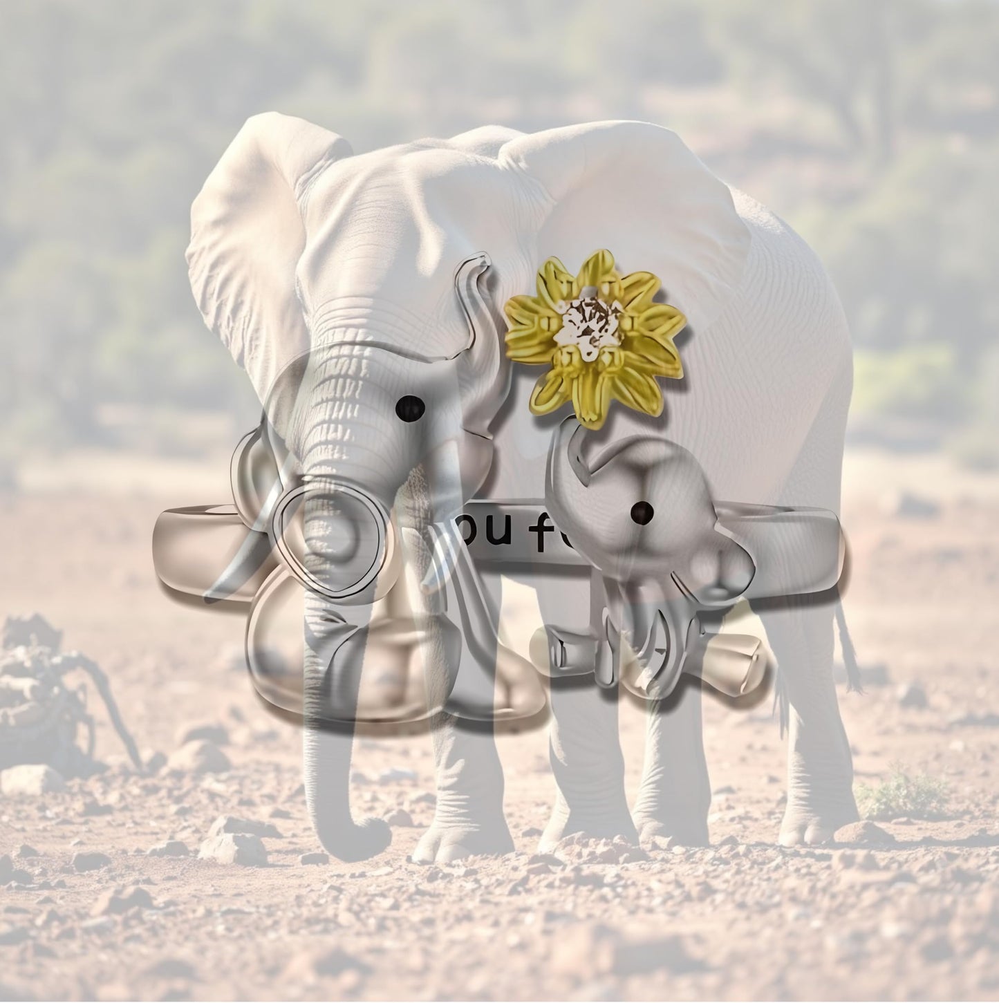 Elephant with Flower Stainless Steel Ring - Cute Flower Design, Stainless Steel - Elephant Jewelry Gift