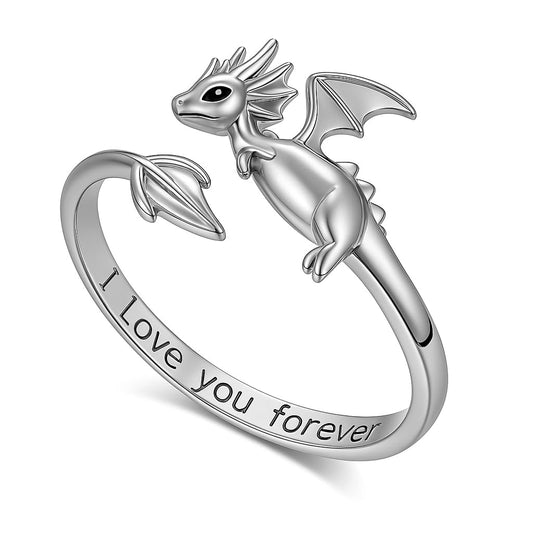 SUPAC Whimsical Silver Flying Dragon Ring - Unique Animal Shape Design, Adjustable Index Finger Ring for Men or Women, Cute Personality Statement Jewelry, Niche Fashion Accessory