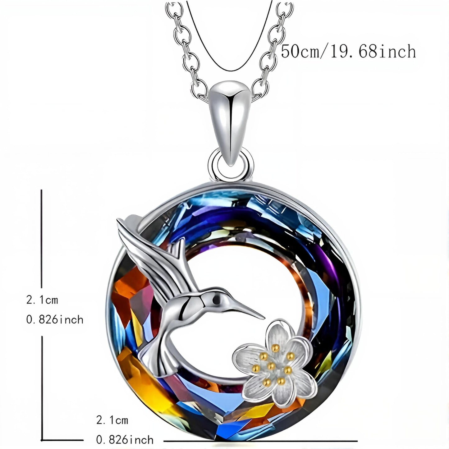 Stainless Steel Animal Pendant Necklace Set, Elephant with Sunflower, Hummingbird, Cat Design, Multi-Color Crystal (Hummingbird)
