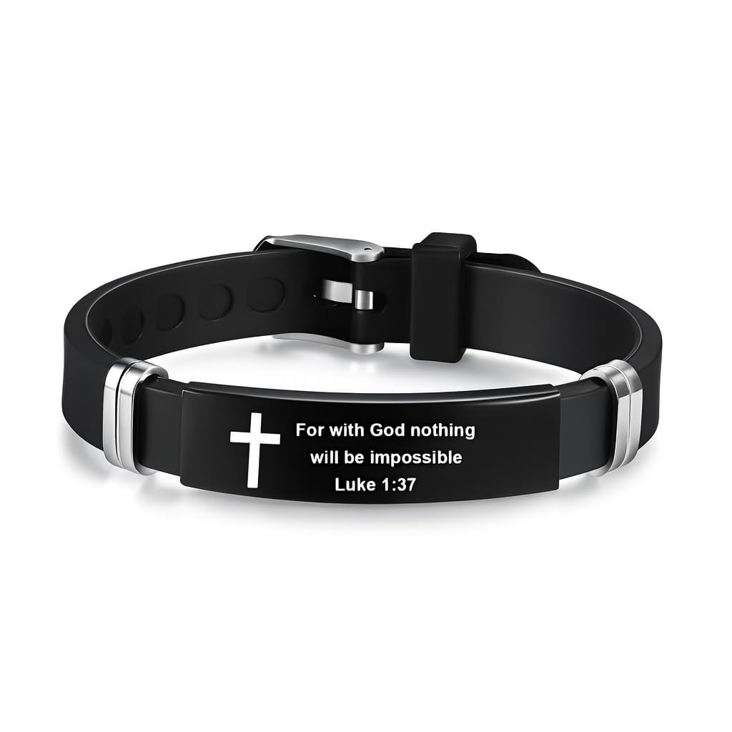 Christian Cross Bracelet with Proverbs 3:5, Phillipians 4:13, Matthew 19:26, Isaiah 41:10, Luke 1:37, Matthew 28:20 Scripture, Black Silicone Adjustable Watch Band, 9.05 inch Length