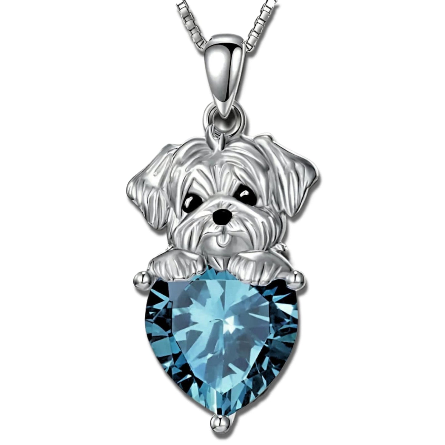 Sterling Silver Dog Necklace with Blue Heart Crystal, Shih Tzu Jewelry - Gift for Women