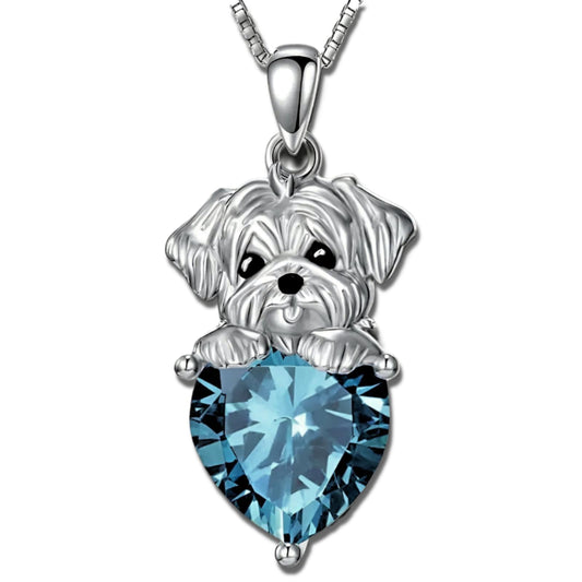 Sterling Silver Dog Necklace with Blue Heart Crystal, Shih Tzu Jewelry - Gift for Women