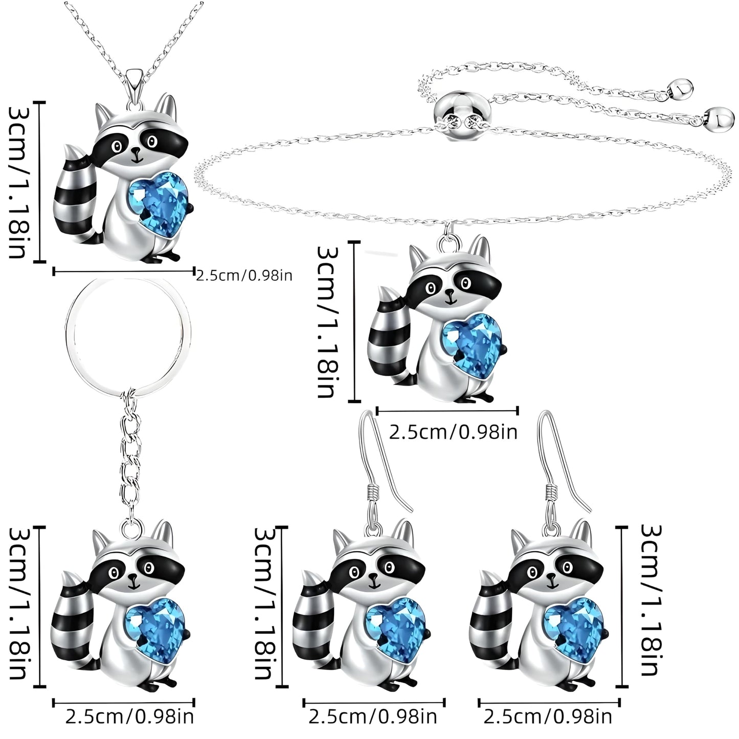Raccoon Jewelry Set with Blue Heart Crystal, Necklace Bracelet Earrings Keychain, Silver - Raccoon Jewelry Gift