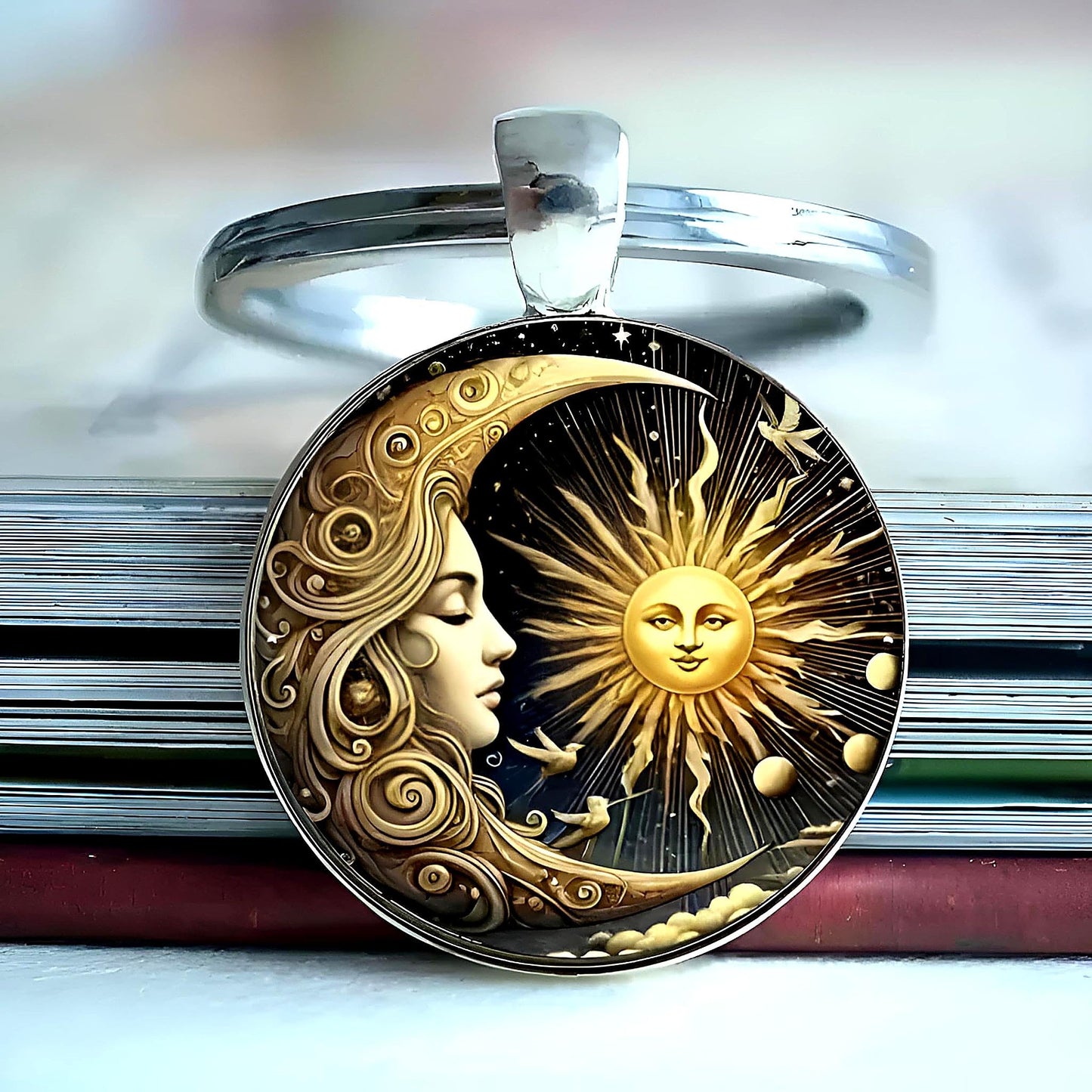 Celestial Sun and Moon Keychain, Art Nouveau Style Metal Key Ring with Mythological Design, 1.18 x 1.09 Inch Round Pendant