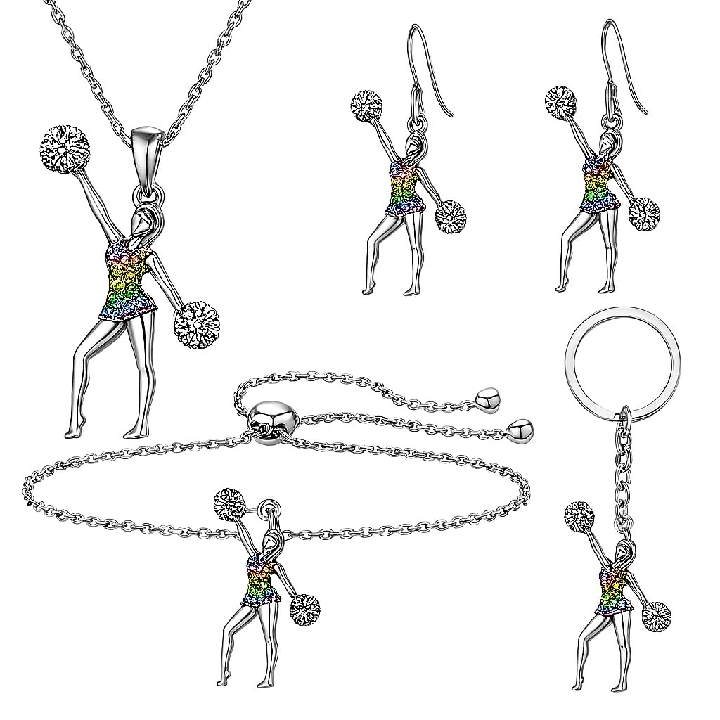 SUPAC Cheerleader Jewelry Set with Crystal Pendant Necklace, Bracelet, Earrings and Keychain, Silver