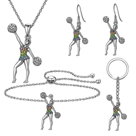 SUPAC Cheerleader Jewelry Set with Crystal Pendant Necklace, Bracelet, Earrings and Keychain, Silver