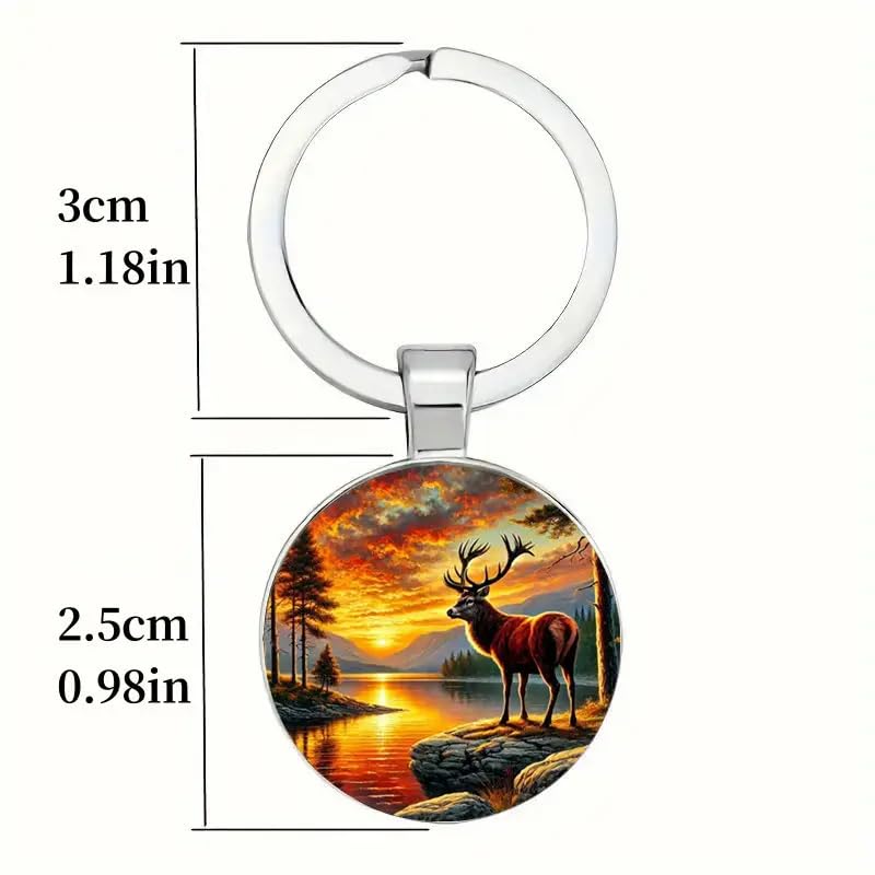 Mountain Sunset Stained Glass Art Keychain, Nature Scene Design, Round Pendant (Rustic Deer & Sunset)