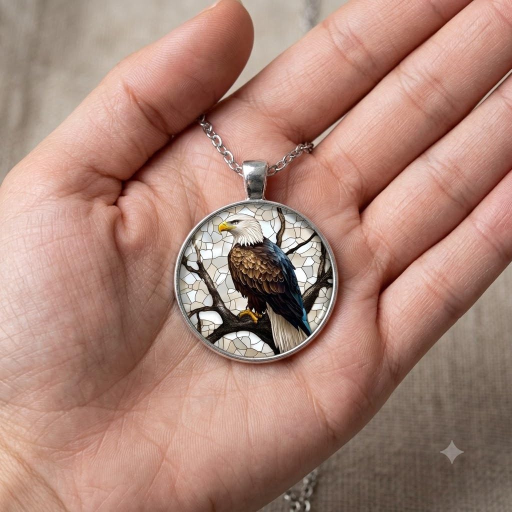 SUPAC Bald Eagle Glass Pendant Necklace, 1.38 inch Oval Medallion, 17.7 inch Chain - Eagle Necklace Gift
