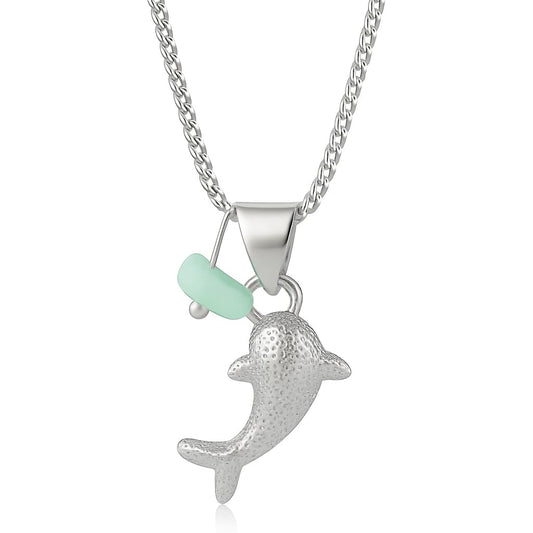 Silver Shark Necklace with Blue Sea Glass Accent, Gold and Silver Chain - 4 Color Options