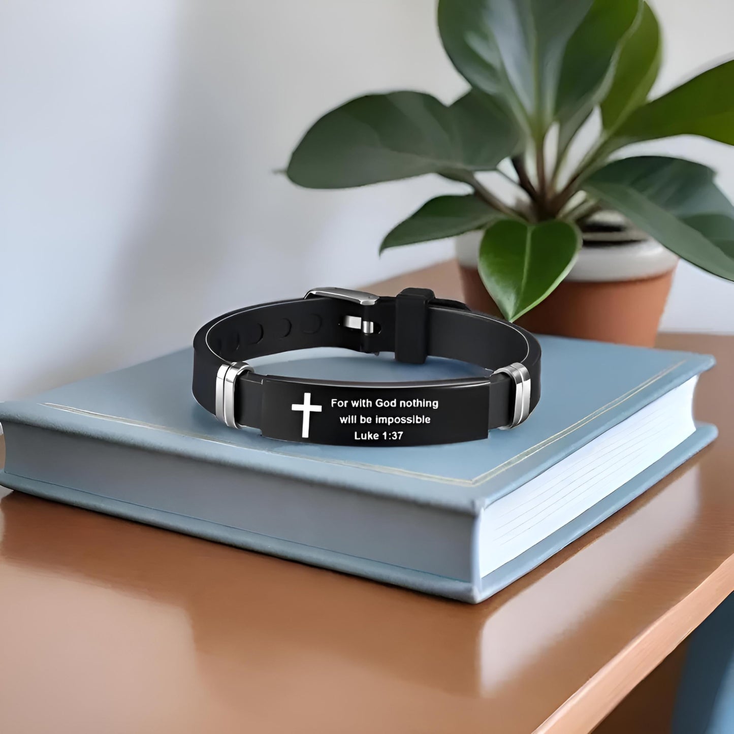 Christian Cross Bracelet with Proverbs 3:5, Phillipians 4:13, Matthew 19:26, Isaiah 41:10, Luke 1:37, Matthew 28:20 Scripture, Black Silicone Adjustable Watch Band, 9.05 inch Length