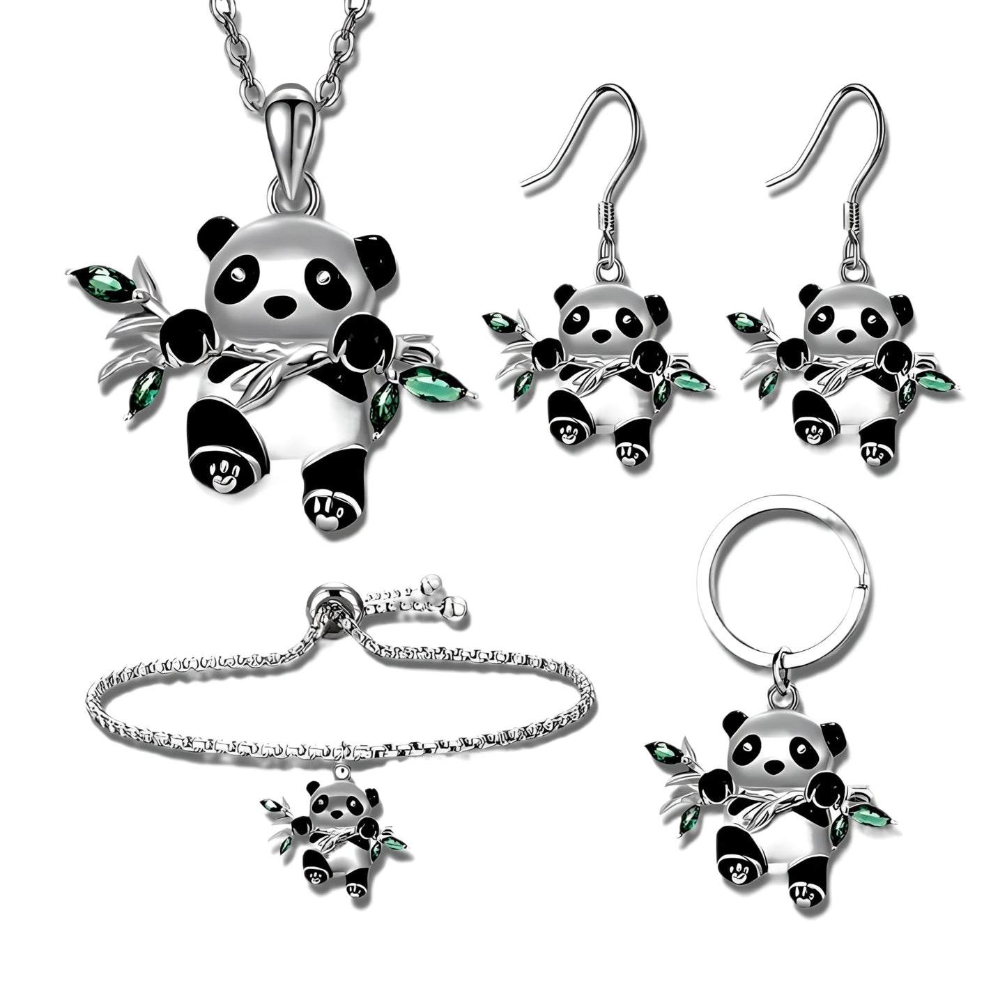 Panda Jewelry Set with Necklace, Earrings, Bracelet and Keychain, Silver with Green Crystal Bamboo Leaves