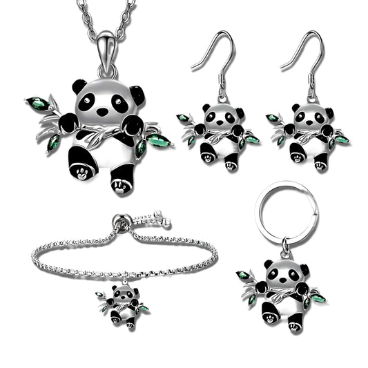Panda Jewelry Set with Necklace, Earrings, Bracelet and Keychain, Silver with Green Crystal Bamboo Leaves