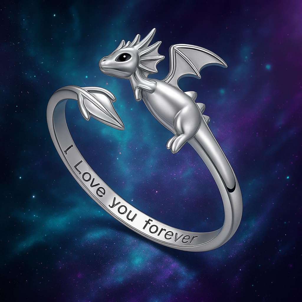 SUPAC Whimsical Silver Flying Dragon Ring - Unique Animal Shape Design, Adjustable Index Finger Ring for Men or Women, Cute Personality Statement Jewelry, Niche Fashion Accessory