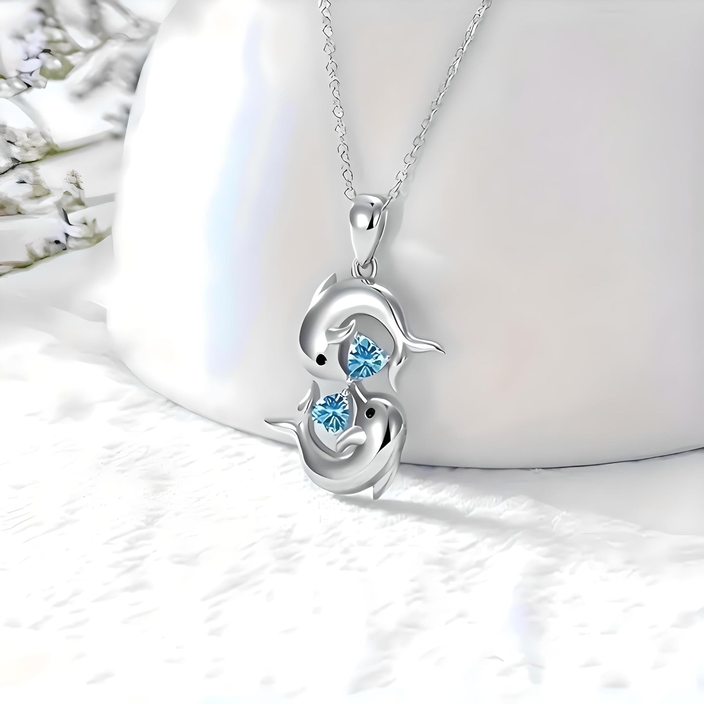 Sterling Silver Double Dolphin Pendant Necklace with Blue Crystal Hearts, Ocean Theme Jewelry