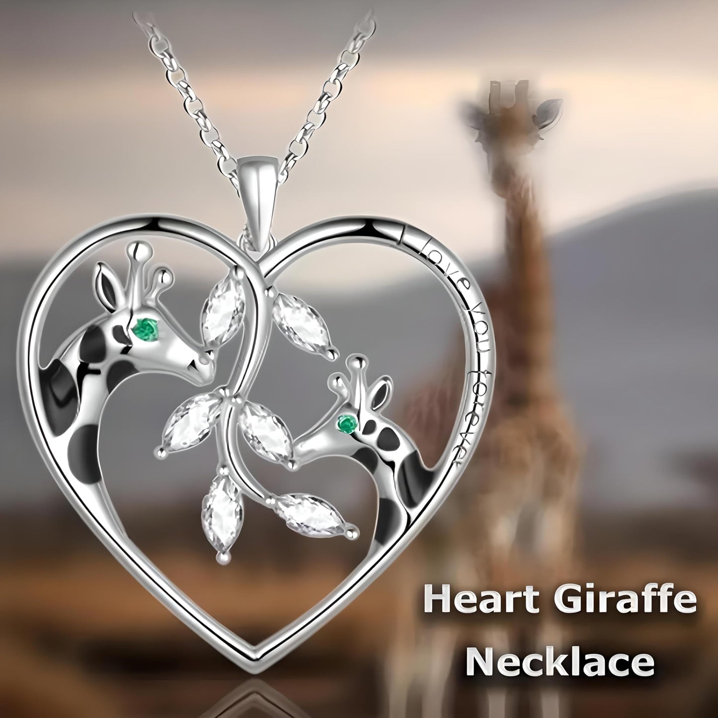 SUPAC Sterling Silver Tree of Life Giraffe Pendant Necklace, Blue Crystal Background, Gift for Animal Lovers! (Giraffe with Green Eyes)