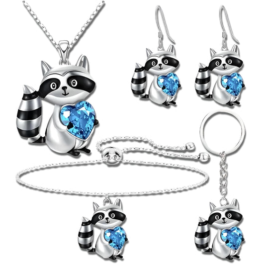 Raccoon Jewelry Set with Blue Heart Crystal, Necklace Bracelet Earrings Keychain, Silver - Raccoon Jewelry Gift
