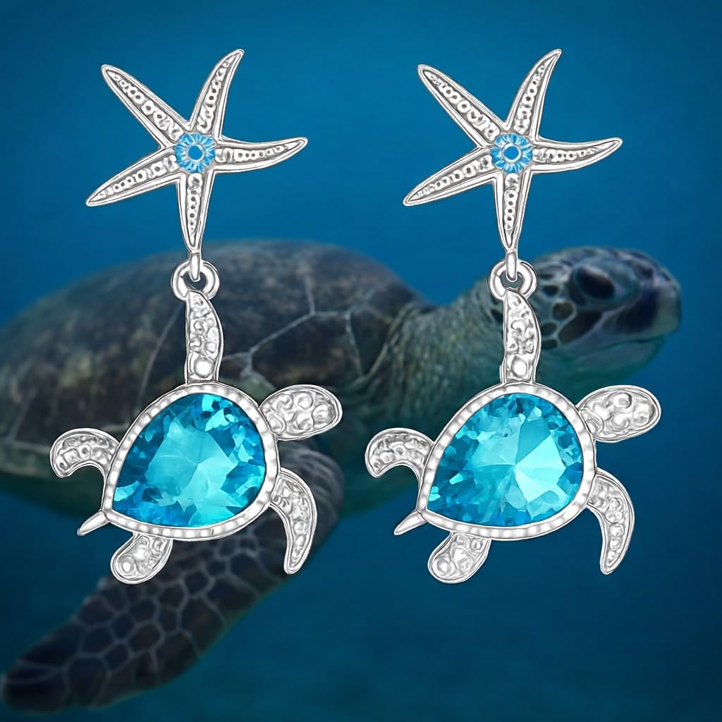 Pair of Cute Starfish and Turtle Stud Earrings - Stainless Steel Ear Needles, Man Made Rock Mosaic, Plated White K Finish, Alloy Construction