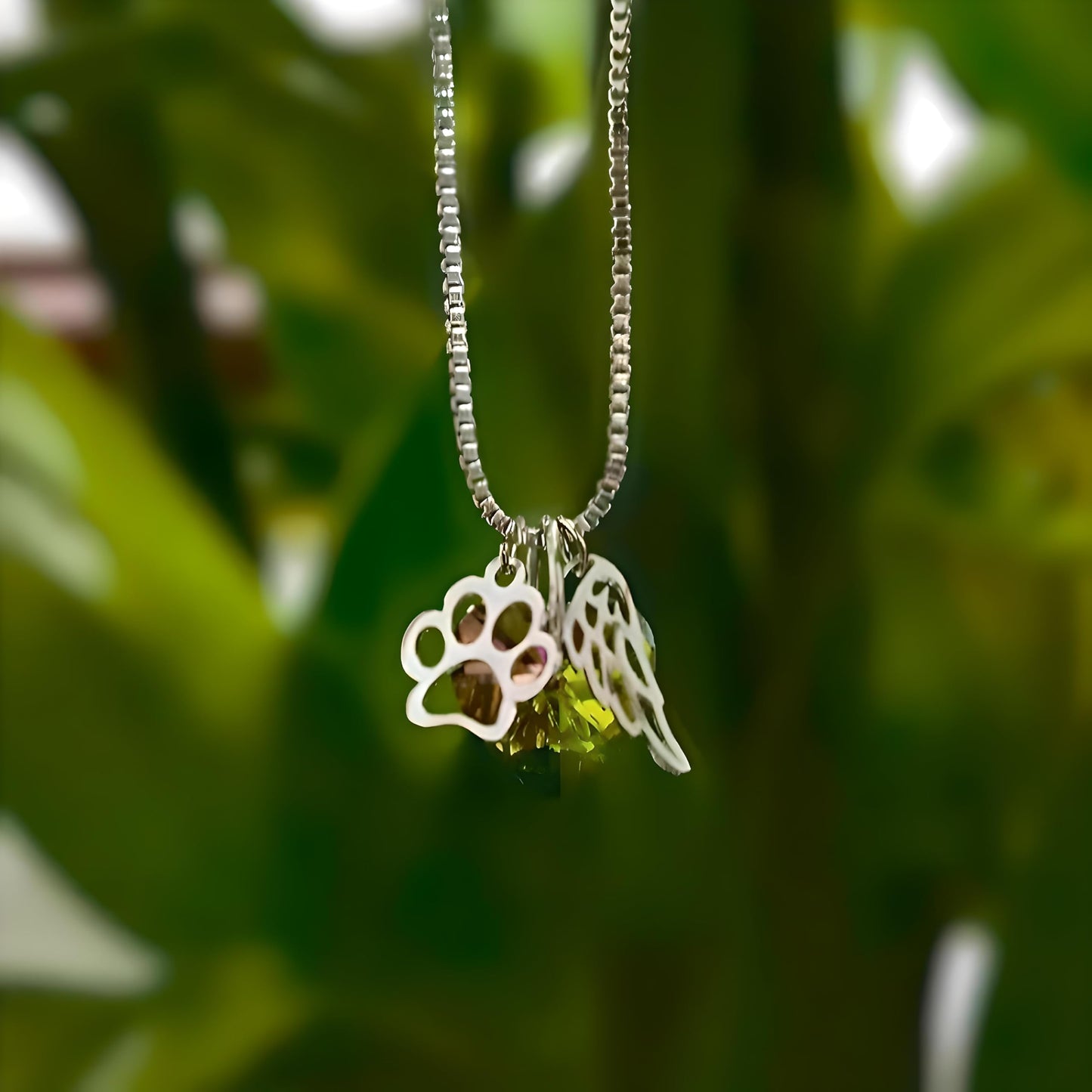 Rainbow Crystal Heart Necklace with Paw Print and Angel Wing Charms, Silver Chain