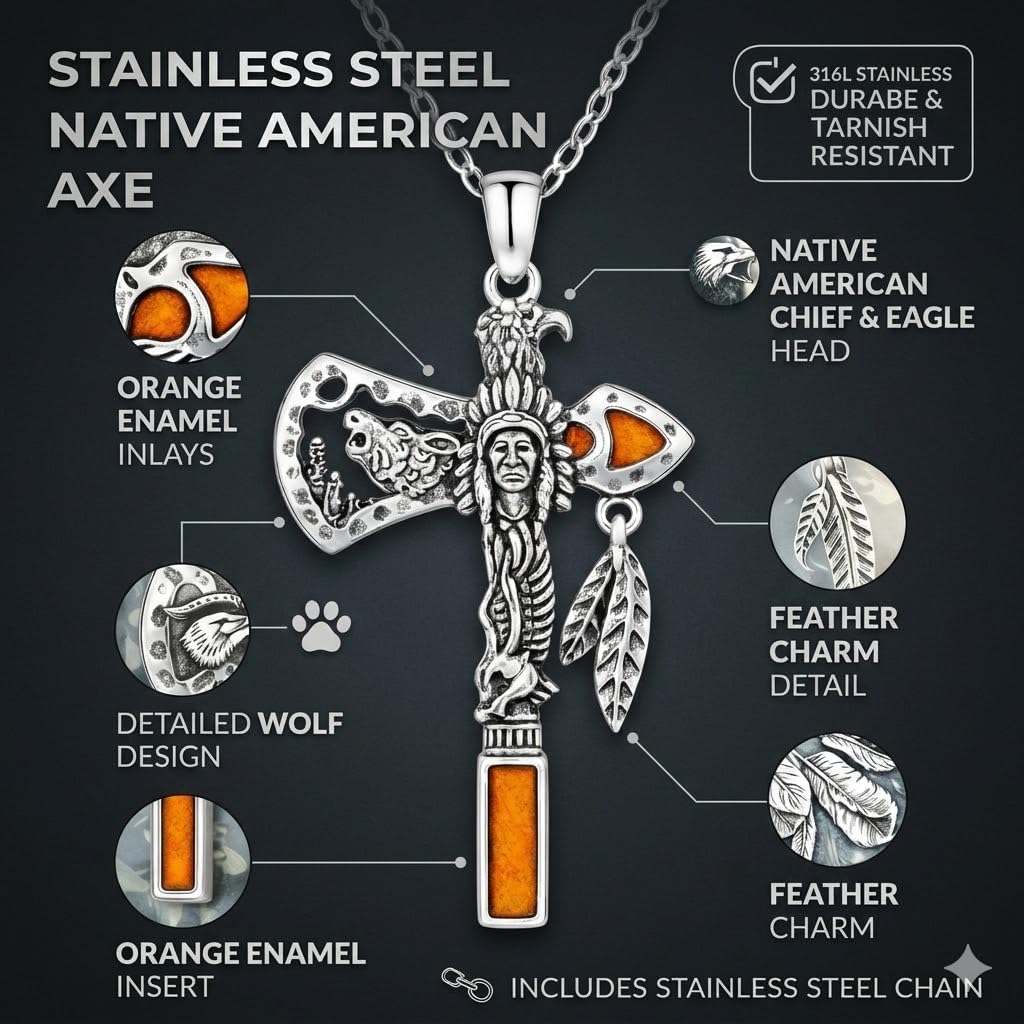 Indian Axe Pendant Necklace, Native American Wolf Design, Stainless Steel Chain