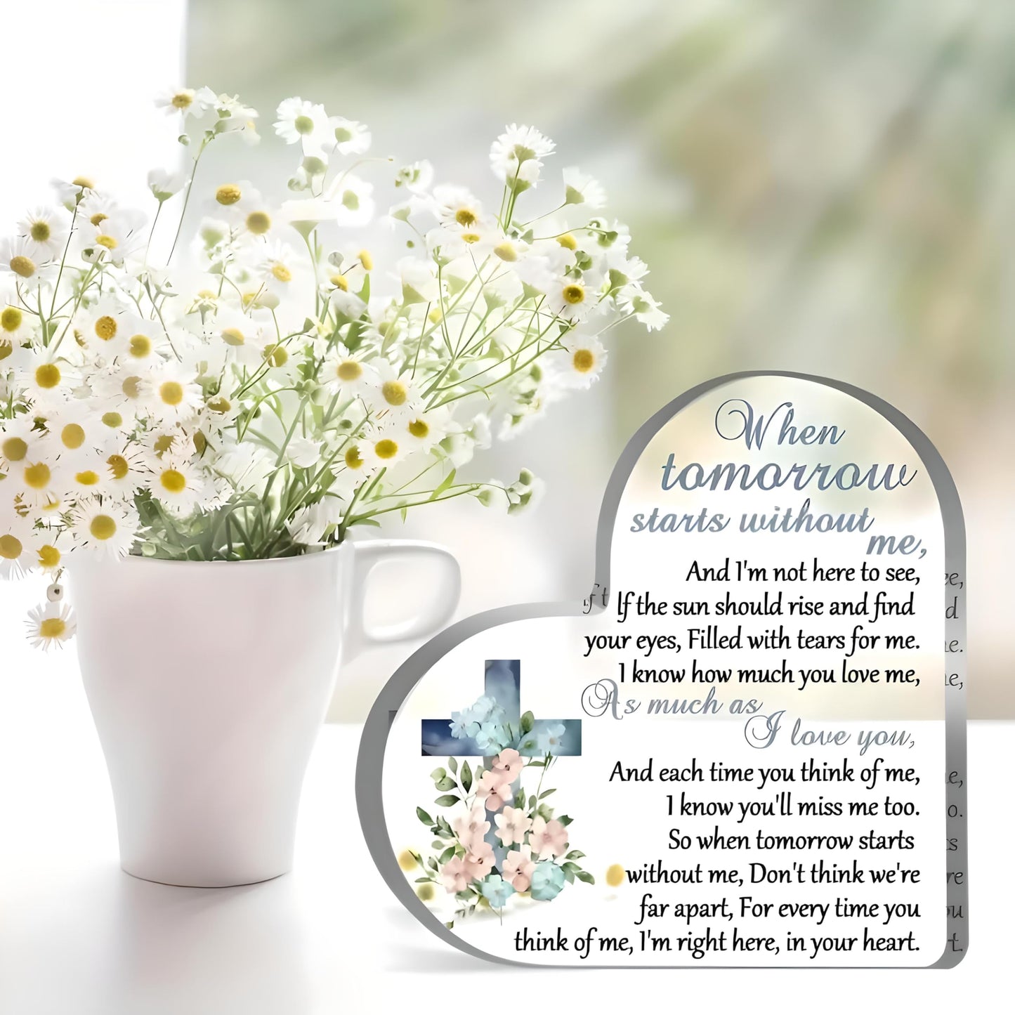 Heartfelt Christian Memorial Plaque – Elegant Glass Heart with Cross and Condolence Quote for Honoring Loved Ones