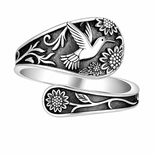 SUPAC Vintage Hummingbird Spoon Ring, Sterling Silver Adjustable Band, Floral Design