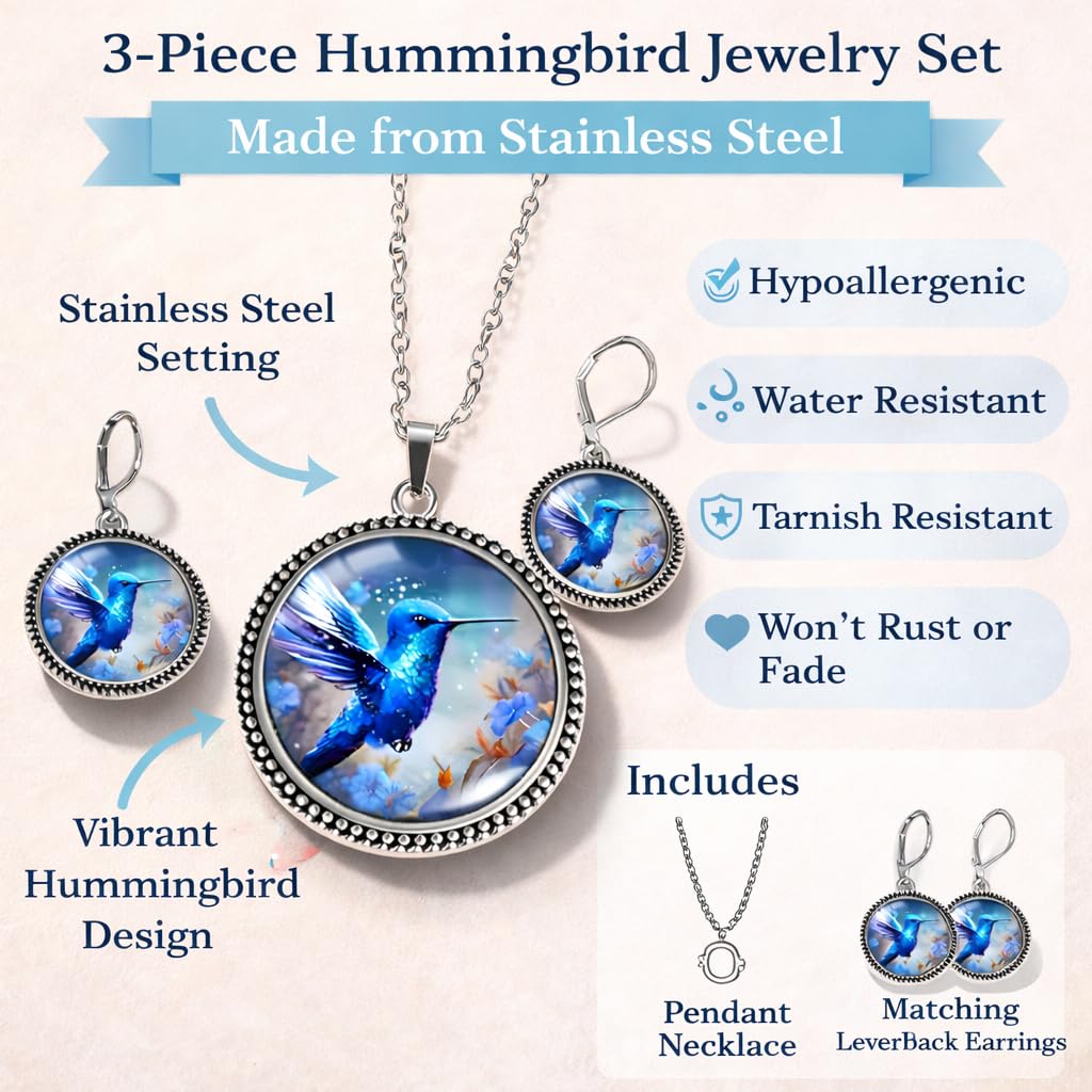 SUPAC Stunning Hummingbird Pendant Necklace - Two Humming Birds Searching for Flower - Fashionable Alloy Jewelry with Delicate Details - Birthday, Party, Gift Idea for Her