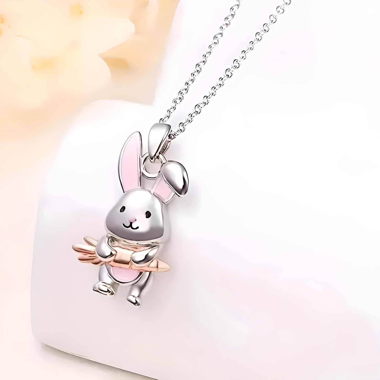 SUPAC Cute Bunny Jewelry Set with Necklace, Bracelet, Earrings and Keychain, Silver and Pink - Rabbit Jewelry Gift