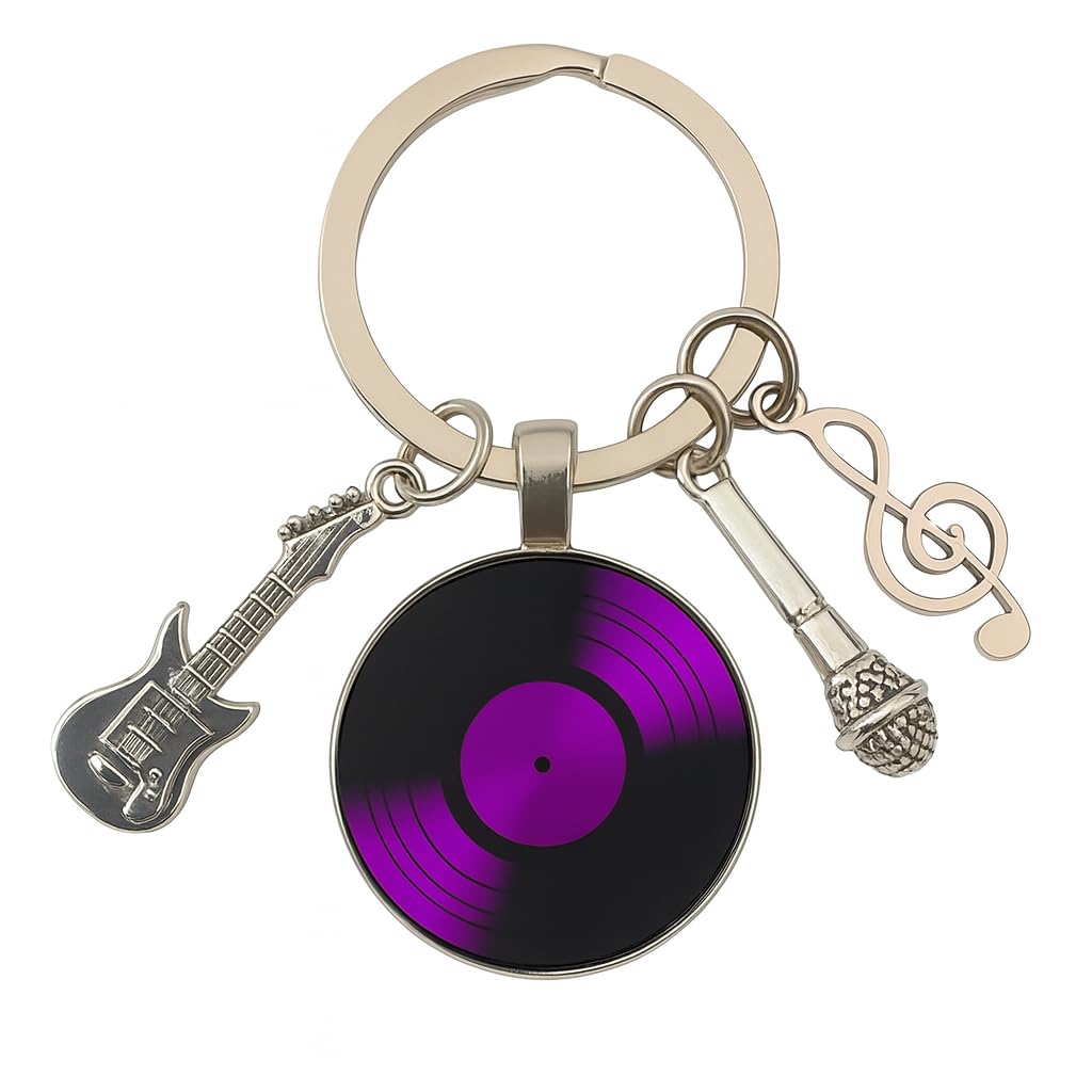 SUPAC Music Lover Keychain with Vinyl Record, Guitar, Microphone and Musical Note Charms, Music Gifts, 5 Different Color Options (Purple Vinyl)