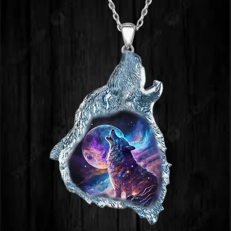 Wolf Howling Galaxy, Solar System, Snow Field, Pendant Necklace, Stainless Steel Chain - Christmas, Birthday, or Party Gift