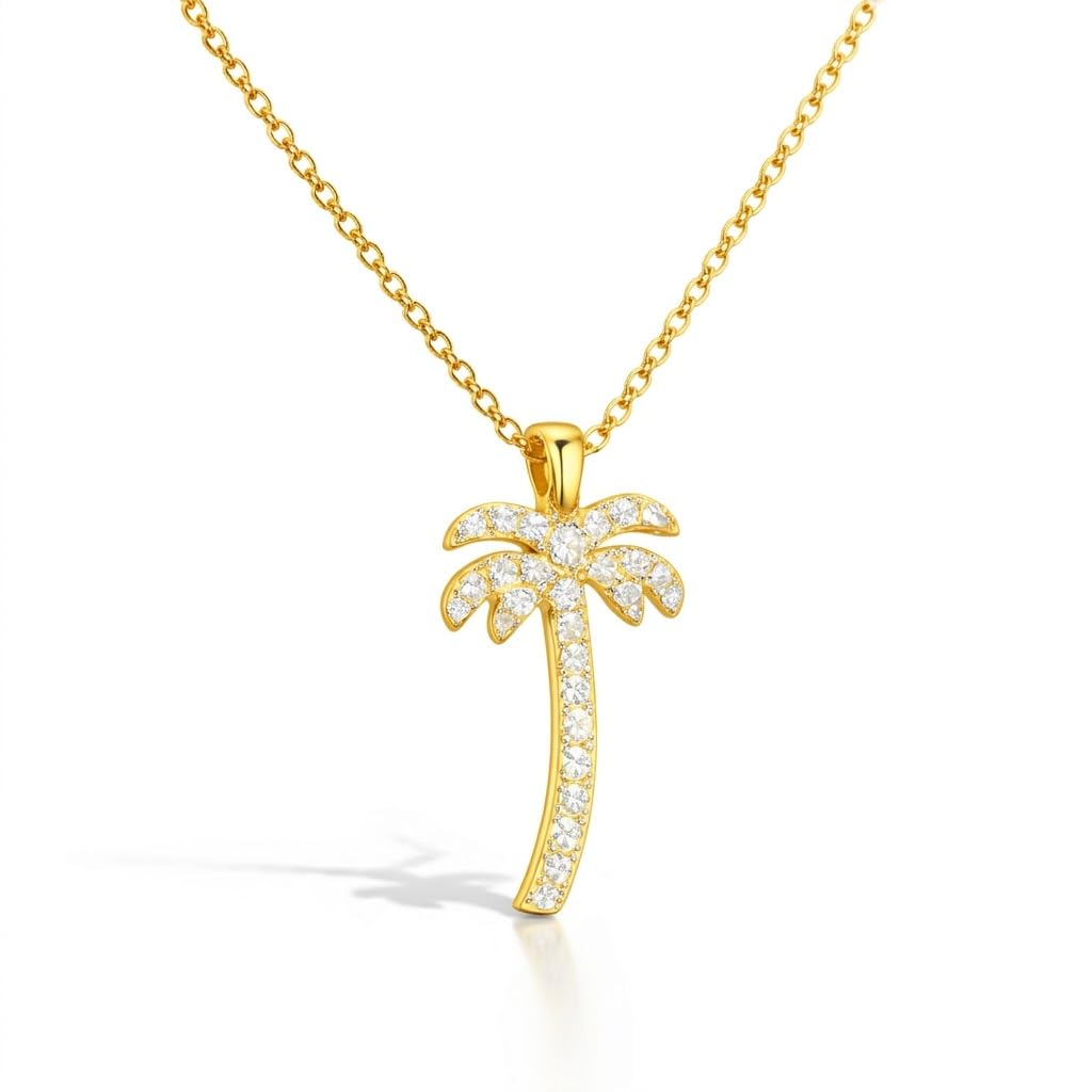 SUPAC Crystal Palm Tree Pendant Necklace, 18.7 Inch Gold Chain, Rhinestone Tropical Charm