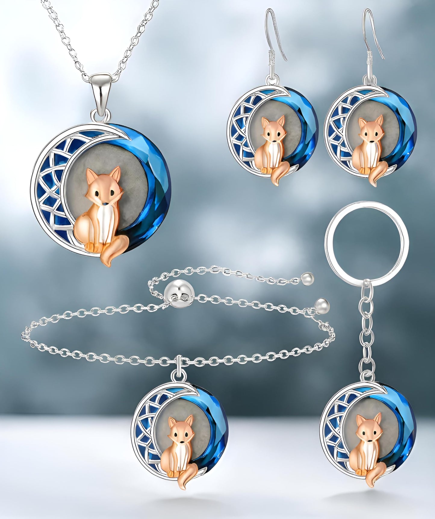 SUPAC Fox Pendant Jewelry Set, Silver Chain Necklace and Earrings, Blue Crystal Moon Design - Fox Jewelry Gift