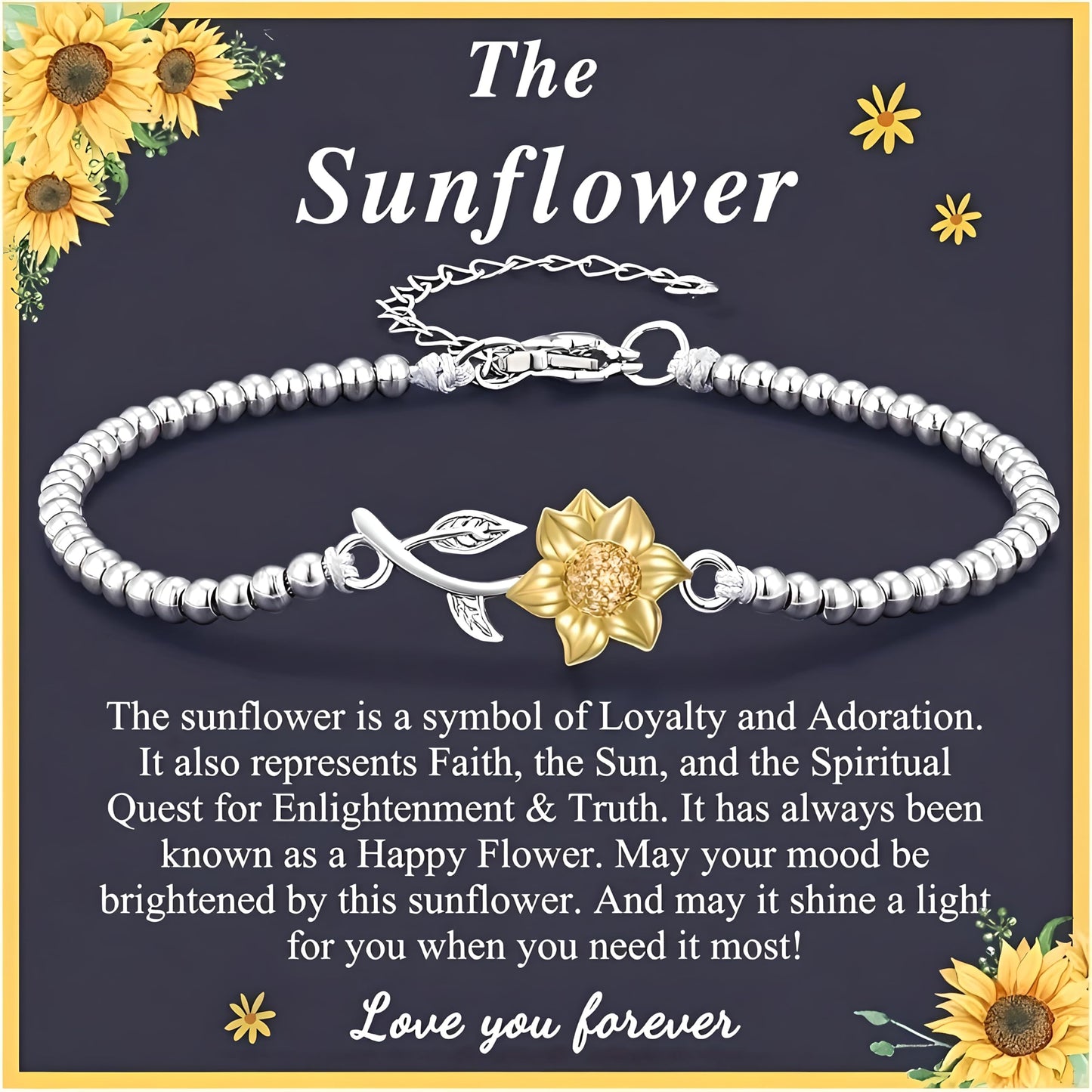 Sunflower Beaded Bracelet, Silver Chain with Gold Flower Charm, Inspirational Jewelry Gift