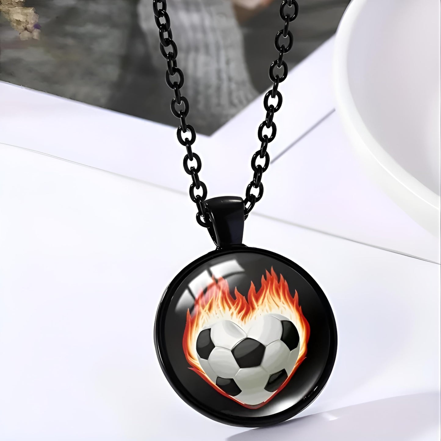SUPAC Sports Pendant Necklace with Flaming Soccer Ball and Baseball Design, 21.65 inch Chain with 1.97 inch Extension, Black (Soccer)