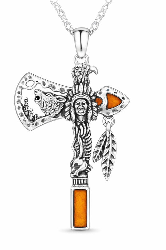 SUPAC Indian Axe Pendant Necklace, Native American Wolf Design, Stainless Steel Chain (Brown)