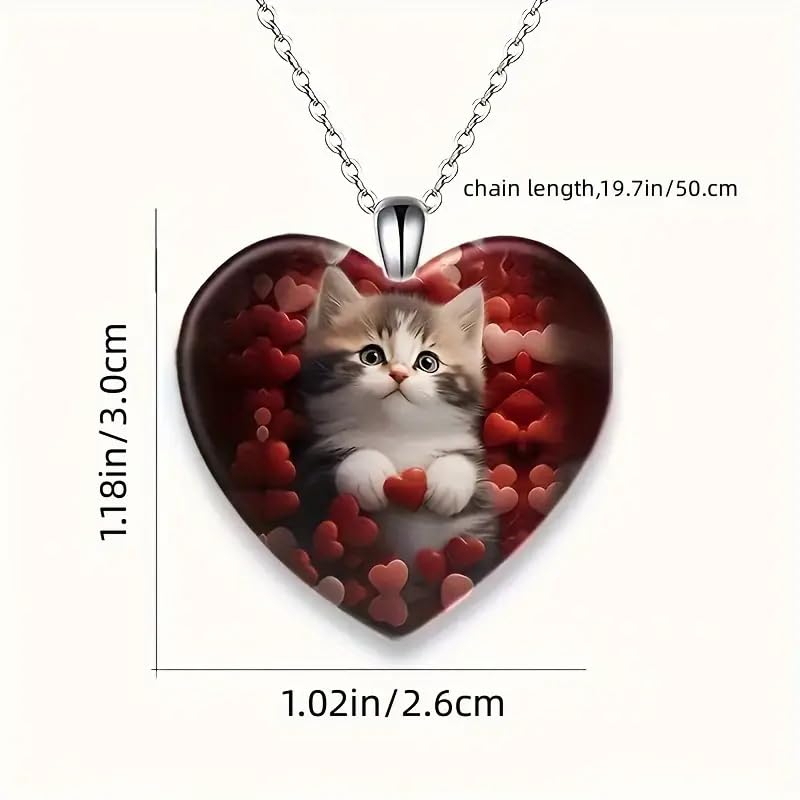 Valentines Day Cute Kitten Necklace, Red Hearts with Heart Shaped Glass Pendant, 'I Love you Today, Tomorrow, Always' Engraved, Stainless Steel Chain - Holiday, Christmas, or Valentines Day Gift
