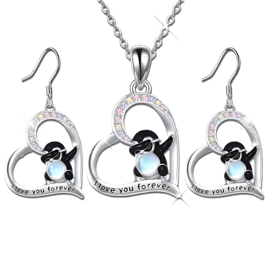 Dabbing Penguins Heart Jewelry Set, I Love You Forever Necklace and Earrings, Crystal Rhinestone Silver Pendant, 17.55 inch Chain