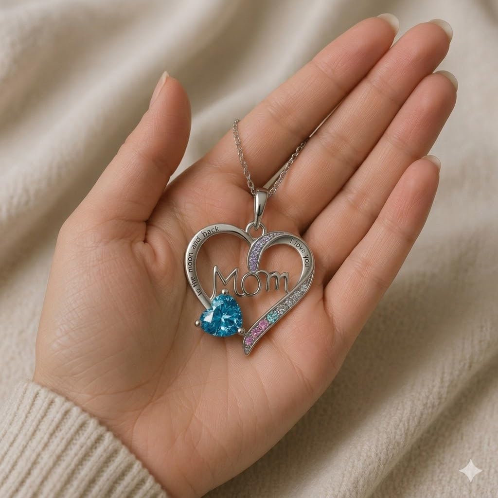 SUPAC Heart Mom Necklace, Sterling Silver Crystal Pendant with Pink Heart Stone, I Love You to the Moon and Back - Mother's Day Gift