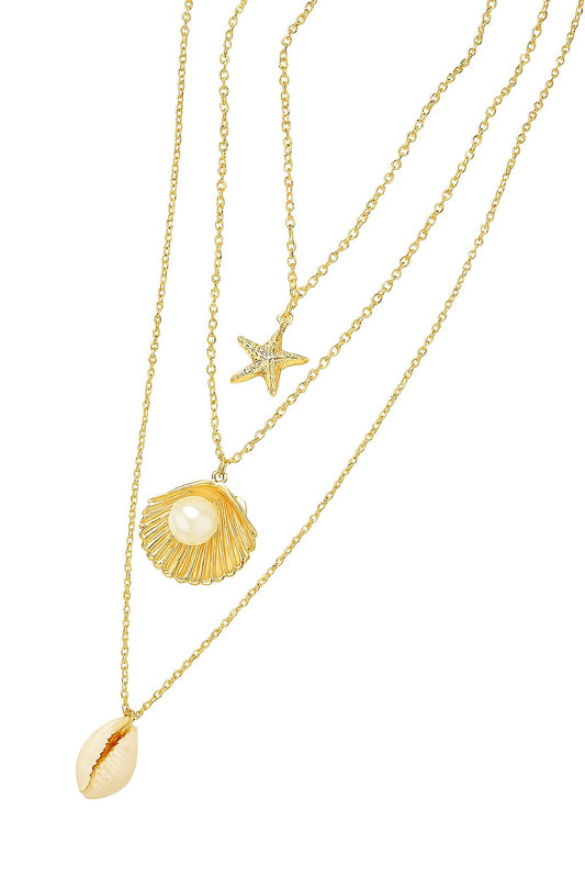 Layered Beach Necklace Set, Gold Tone Starfish Shell Pearl Pendant, 3-Piece Chain