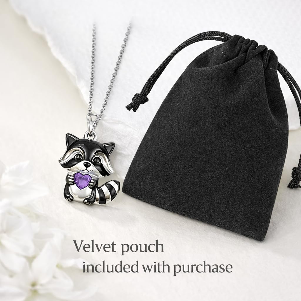 SUPAC Smiling Raccoon Necklace, Holding a Blue Heart, Silver and Black - Racoon Jewerly Gift