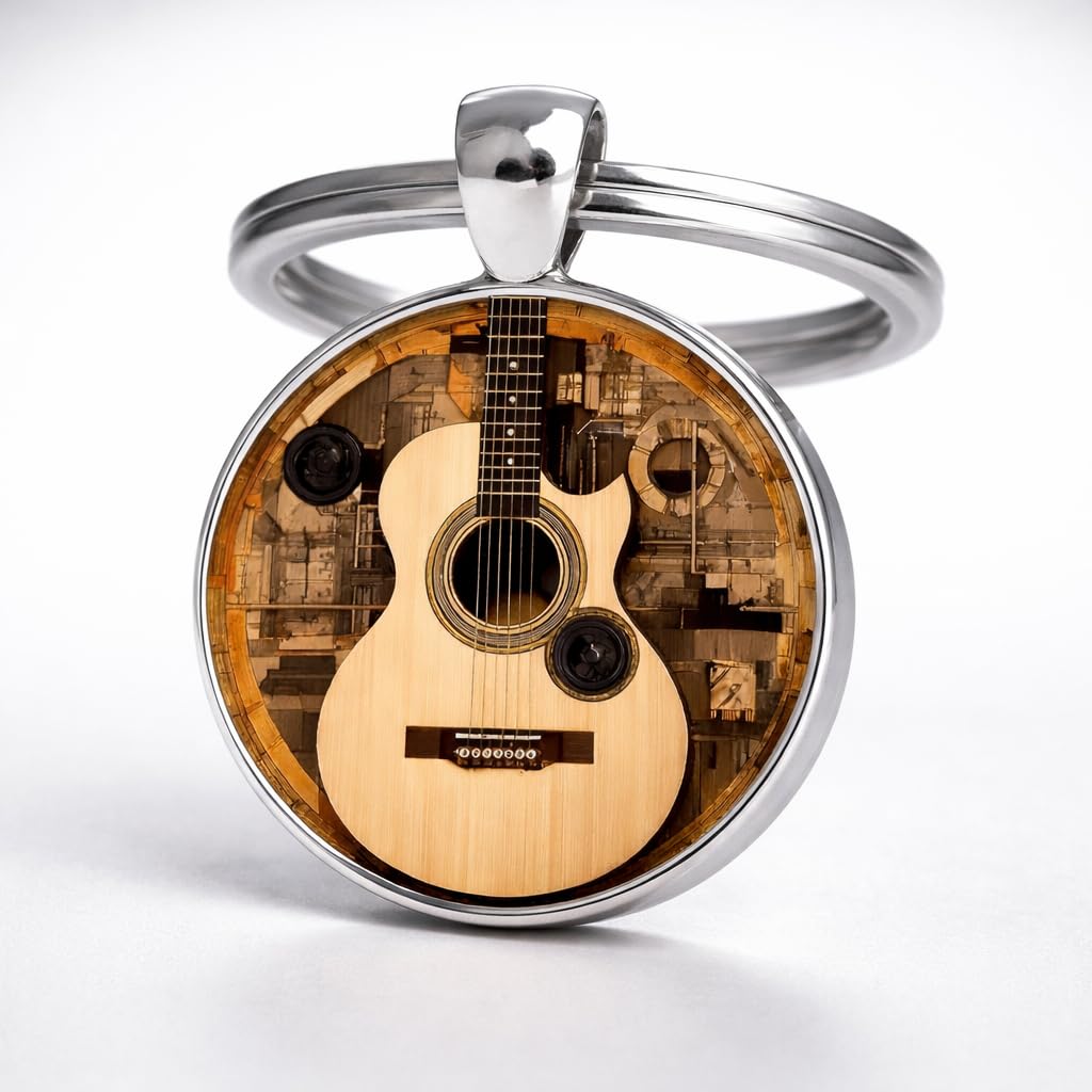 SUPAC Decorative Acoustic Guitar Keychain, 2D Flat Design, 1.18 inch Ring