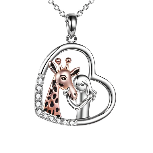 Sterling Silver Giraffe Heart Pendant Necklace with Crystals