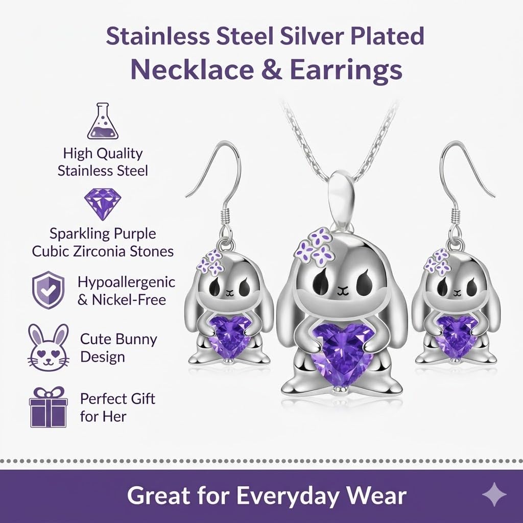 SUPAC Stainless Steel Angry Bunny Pendant Necklace with Purple Crystal Heart, 19.68 inch Chain - Silver Plated