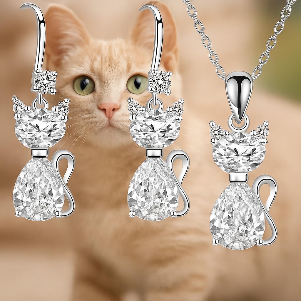 SUPAC Pink and Purple Cat Jewelry Set, Rose Gold Plated Crystal Necklace Earrings Ring, Gift for Cat Enthusiasts 6 Color Variations