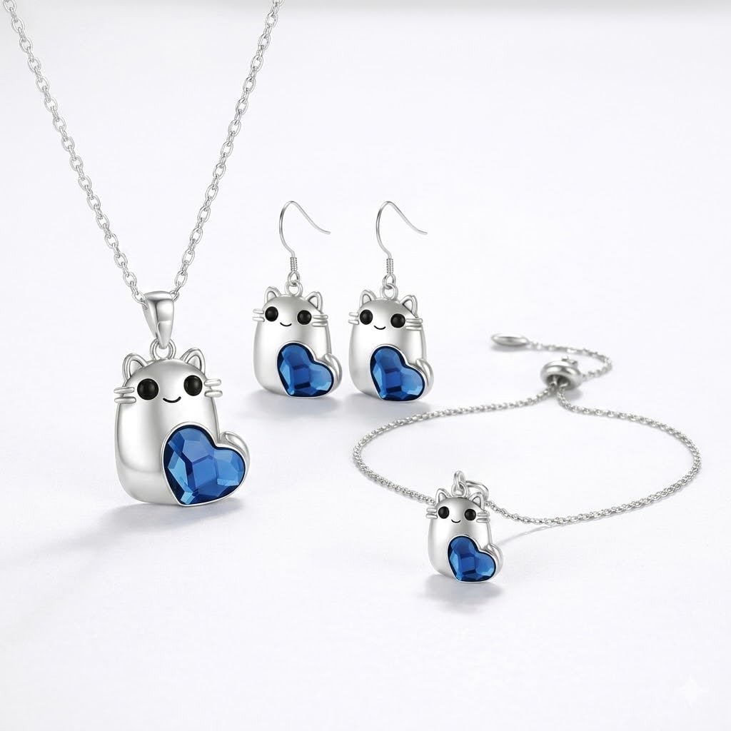 SUPAC Cute Cat Blue Crystal Heart Jewelry Set, Stainless Steel Necklace, Earrings and Bracelet, Hypoallergenic