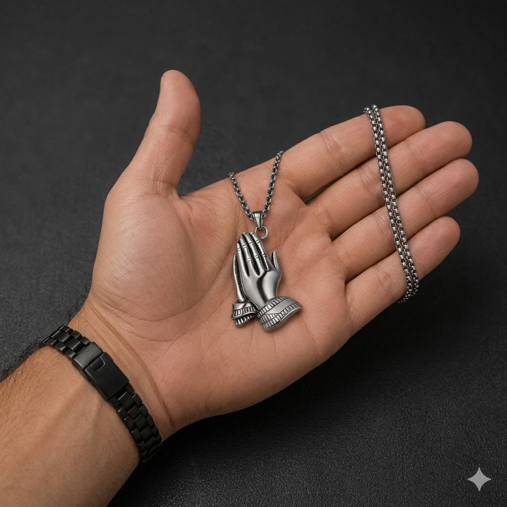 Exquisite Silver Prayer Hands Necklace - A Symbol of Faith, Elegance, and Spiritual Connection - 1pc Prayer Hands Stainless Steel Chain Pendant