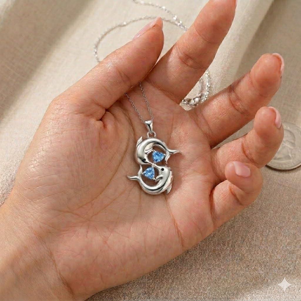 Stainless Steel Double Dolphin Pendant Necklace with Blue Crystal Hearts, Ocean Theme Jewelry