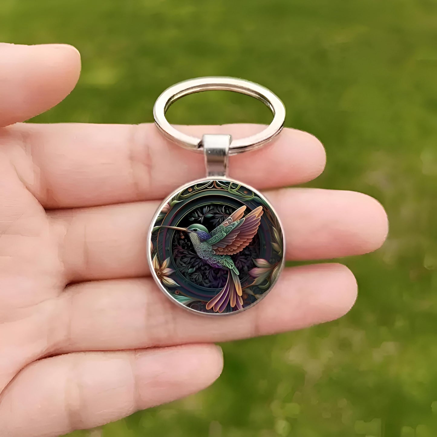 SUPAC Artistic Hummingbird Keychain, 2D Flat Stainless Steel, Silver Frame with Floral Background, 1.1 x 0.98 Inch Pendant