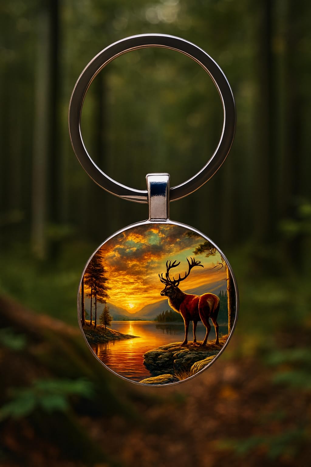 SUPAC Mountain Sunset Stained Glass Art Keychain, Nature Scene Design, Round Pendant (Rustic Deer & Sunset)