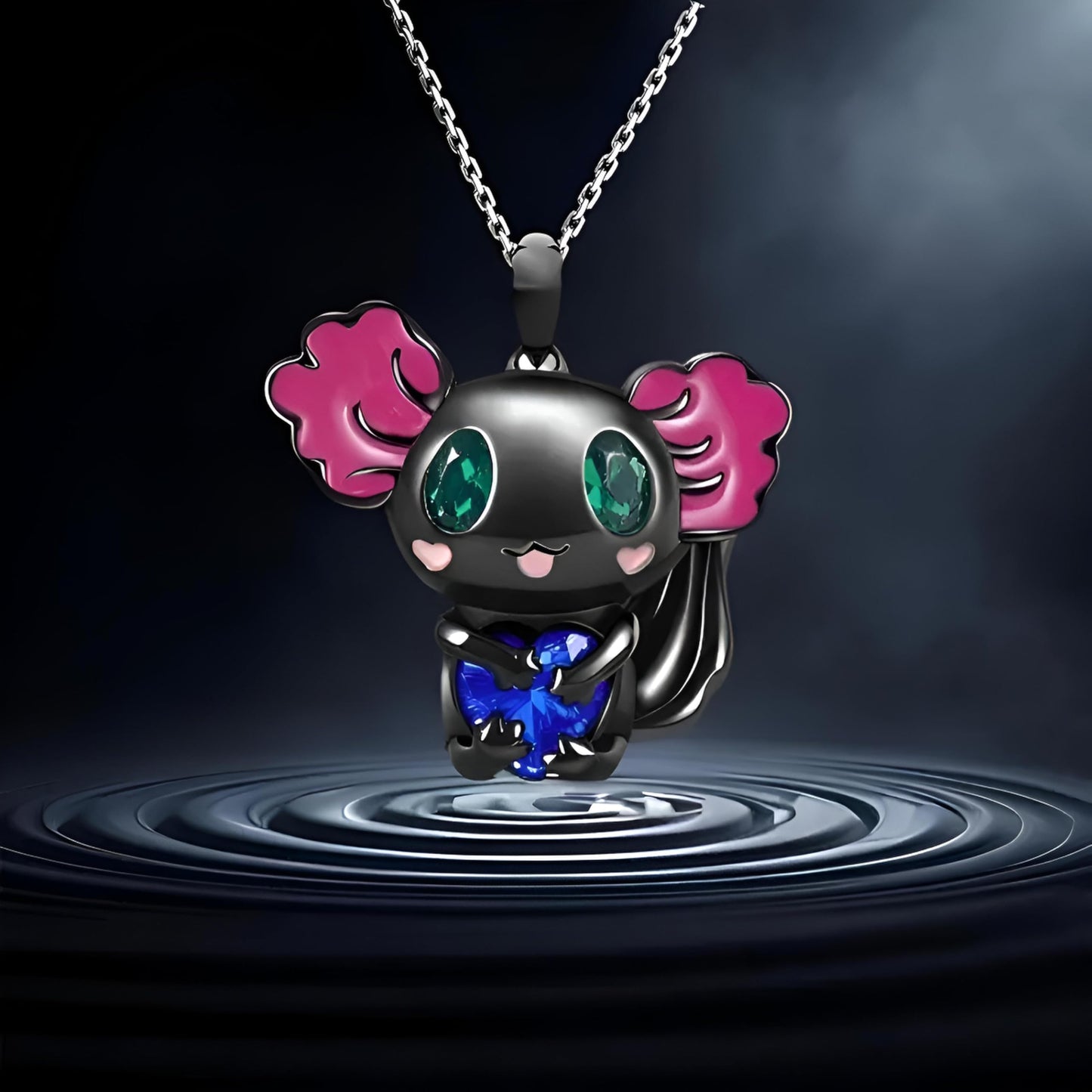 SUPAC Cute Axolotl Pendant Necklace, 19.7 inch Chain, Crystal Heart Design, 3 Colors - Axolotl Gift